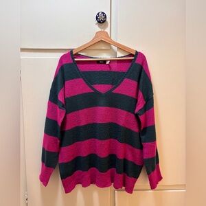 BDG V-Neck Striped Sweater in Hot Pink and Blue